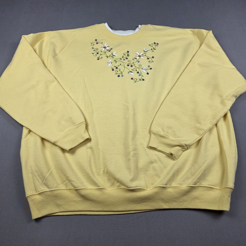 Vtg 90s Embroidered Floral Sweatshirt Crewneck Double Collar Yellow Grannycore